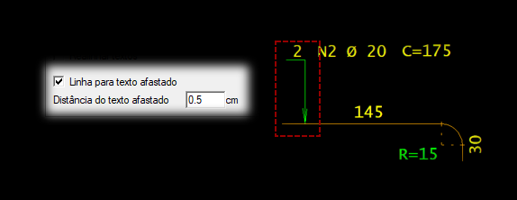 Armaduras | Linha de chamada automática para textos afastados da linha de representação do ferro inteligente.